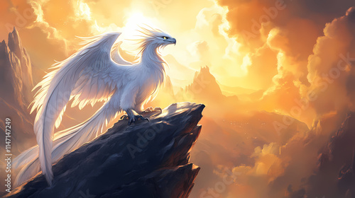 Majestic winged creature perched on craggy cliff overlooking fantastical landscape bathed in ethereal sunlight. Craggy. Illustration