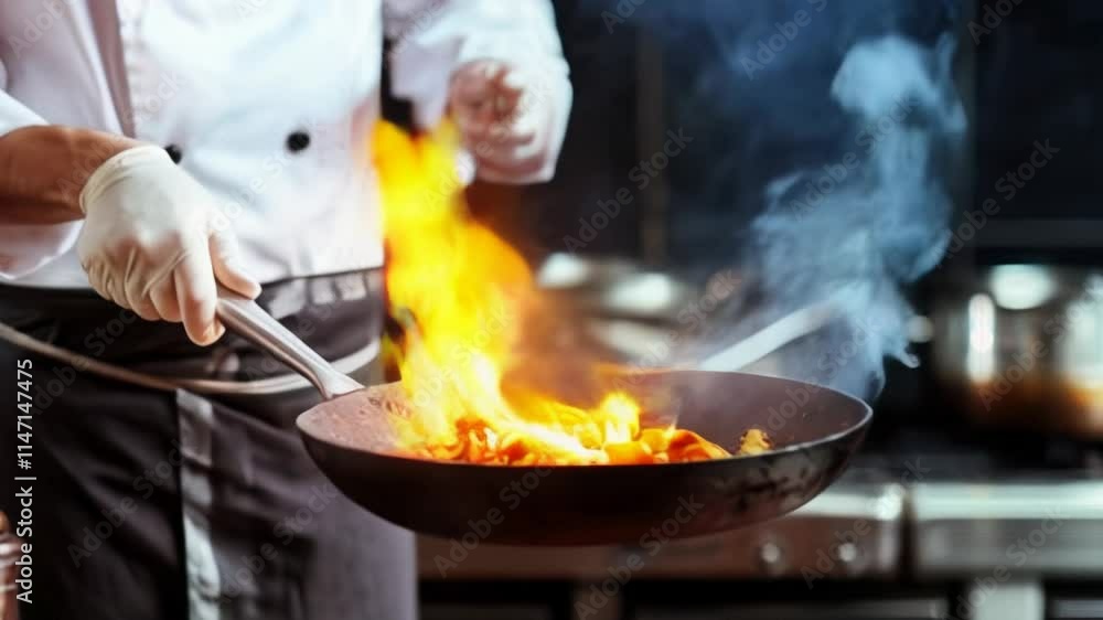 The chef expertly stirfries with impressive flames in a professional kitchen, showcasing culinary skill The chef expertly stirfries with impressive flames in a professional kitchen, showcasing culinary skill
