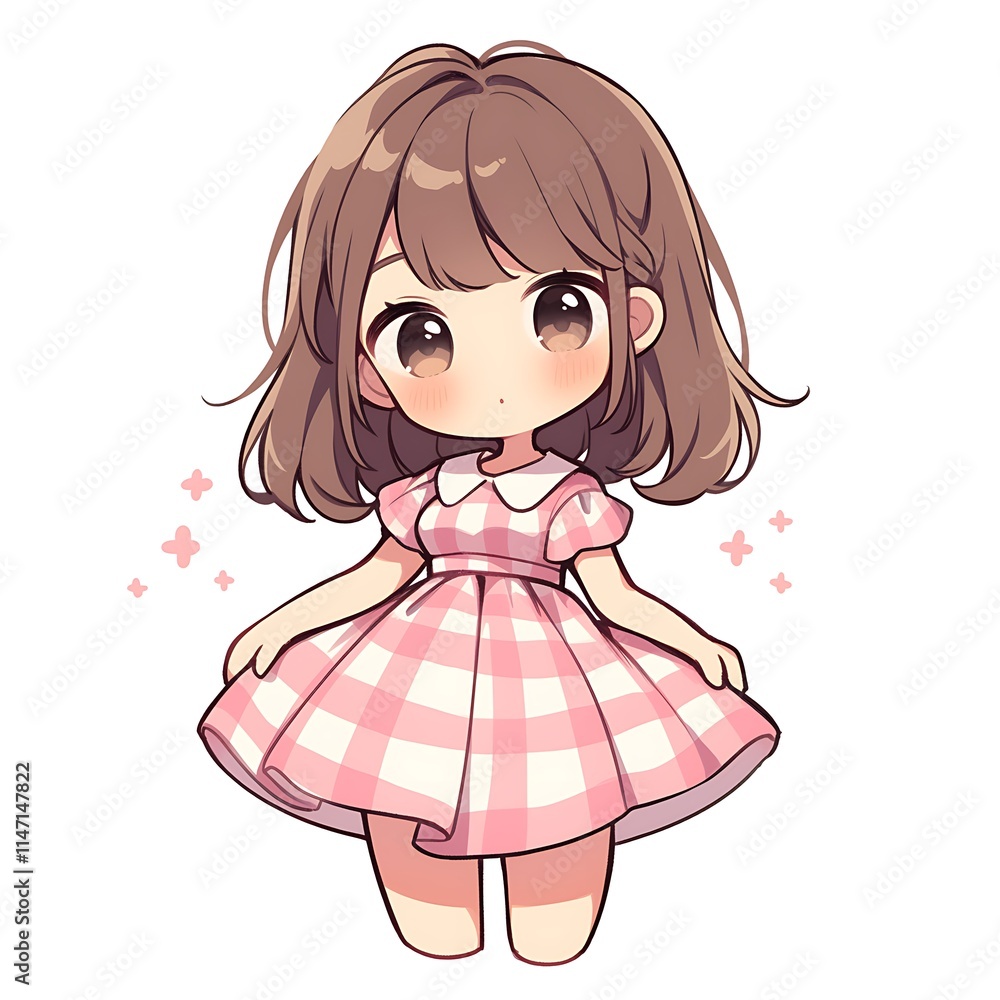 Fototapeta premium Cute chibi girl in a pink gingham dress. Concept of kawaii, adorable, and fashion.