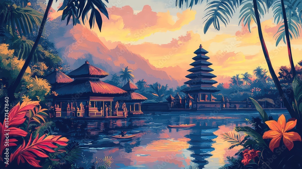 Obraz premium Illustration Of A Travel Poster For A Trip To Bali Island, Generative AI