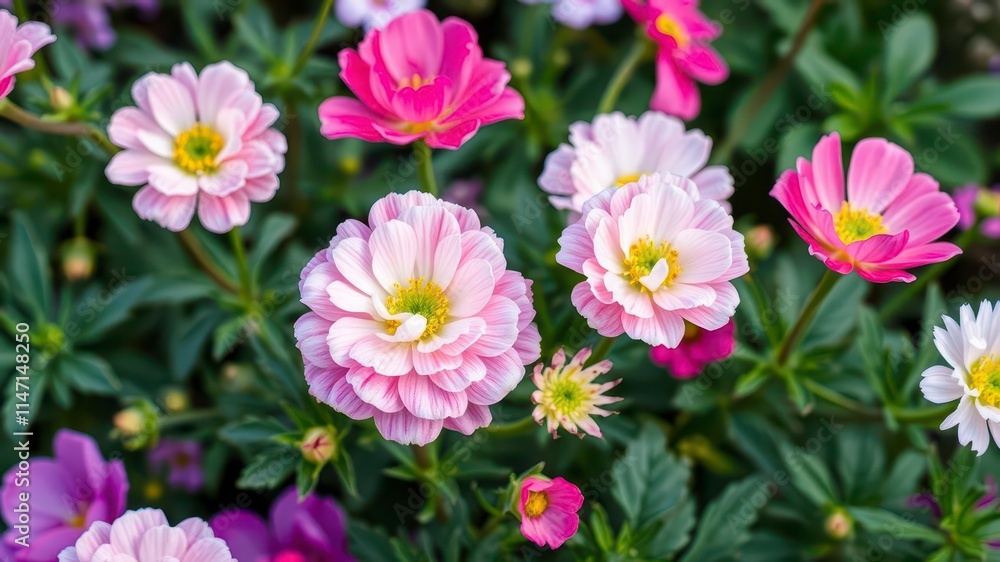 Pink and white ranunculus flowers in full bloom against a soft blurry background, floral, spring Pink and white ranunculus flowers in full bloom against a soft blurry background, floral, spring