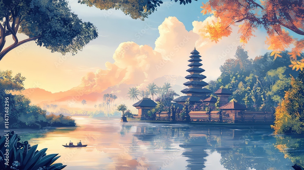 Obraz premium Illustration Of A Travel Poster For A Trip To Bali Island, Generative AI