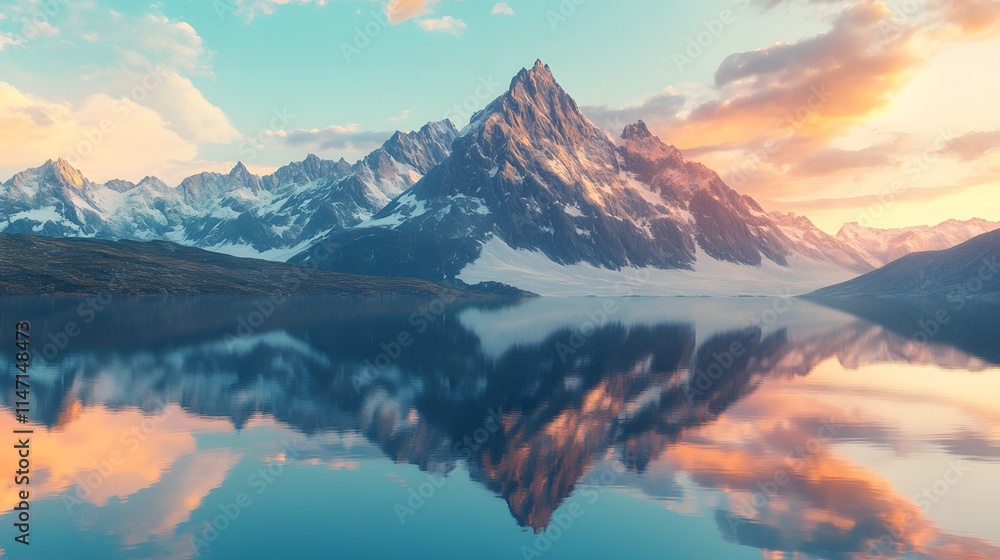 Obraz premium Majestic Mountain Peak Reflecting in Calm Lake at Sunset