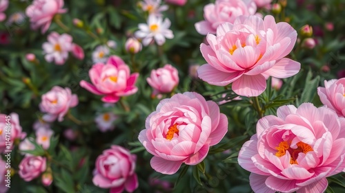 Pink peony flowers in full bloom creating a lush and vibrant background, vibrant, floral