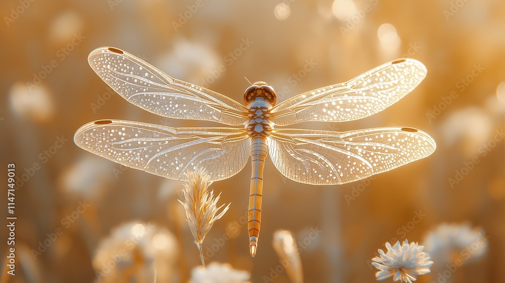 Stunning dragonfly perched on wildflower in warm sunlight, showcasing detailed wings against a soft, blurred natural background Stunning dragonfly perched on wildflower in warm sunlight, showcasing detailed wings against a soft, blurred natural background