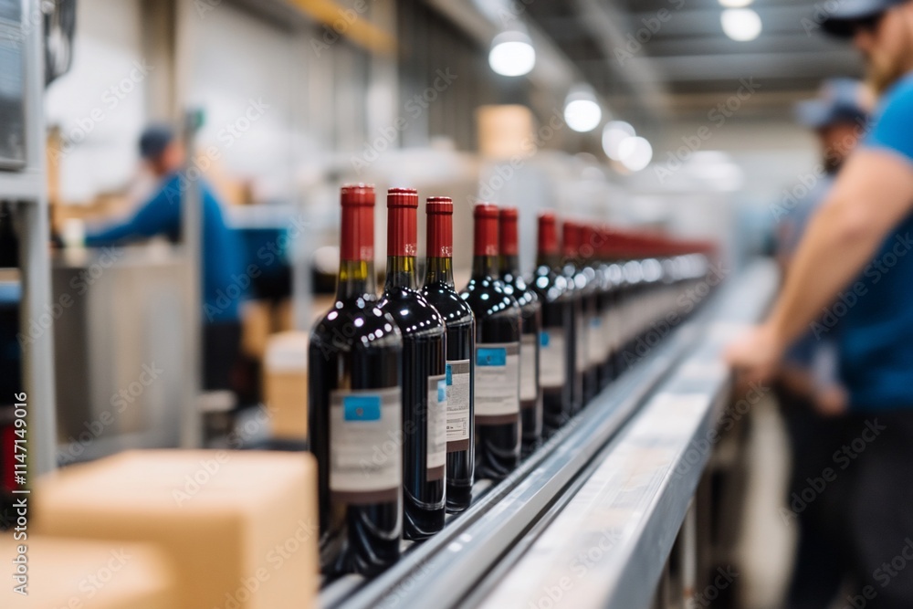 Bottles of wine on a production line in a factory setting. Bottles of wine on a production line in a factory setting.