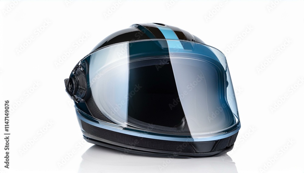 Sleek motorcycle helmet with a modern design, featuring a clear visor and a stylish blue stripe. Sleek motorcycle helmet with a modern design, featuring a clear visor and a stylish blue stripe.