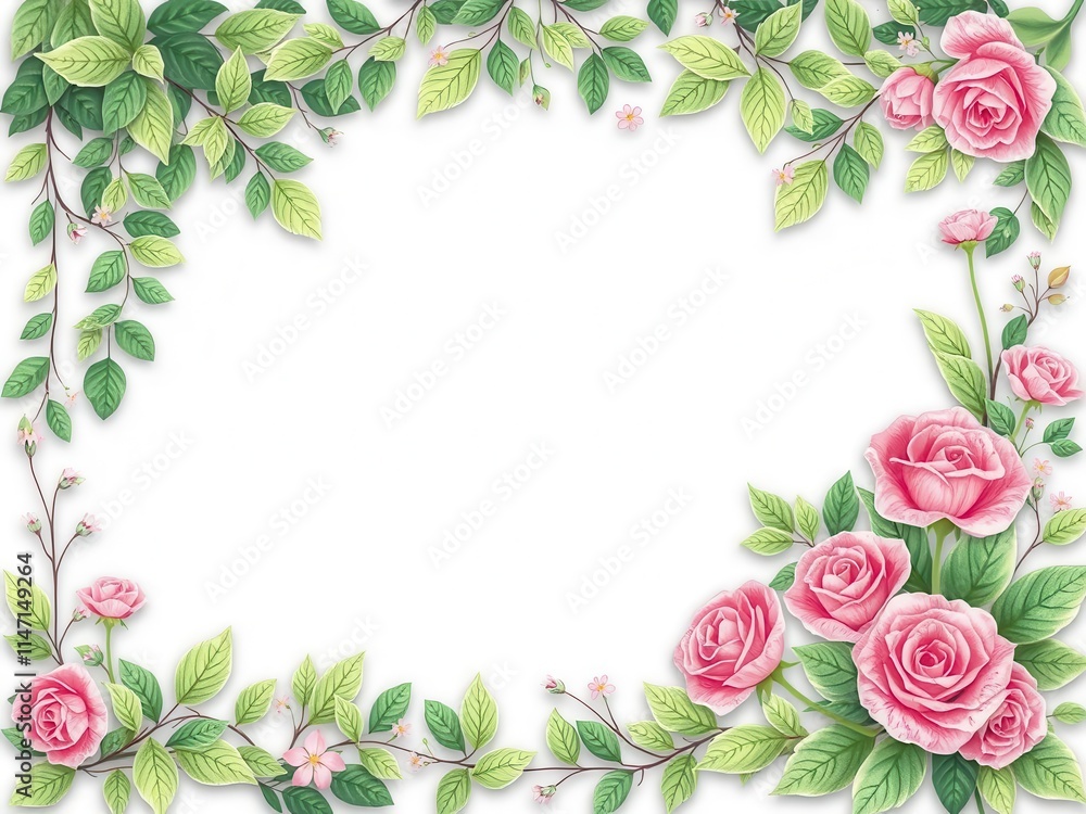 Fototapeta premium Rose flower with leaves forming a delicate frame, elegant, garden, romantic