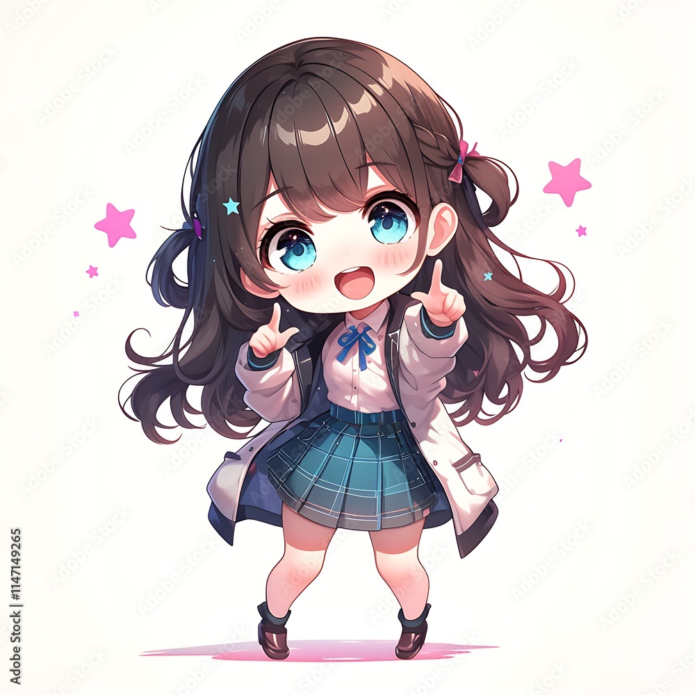 Cute anime girl, chibi style, pointing. Concept of happiness, joy, and childhood. Cute anime girl, chibi style, pointing. Concept of happiness, joy, and childhood.