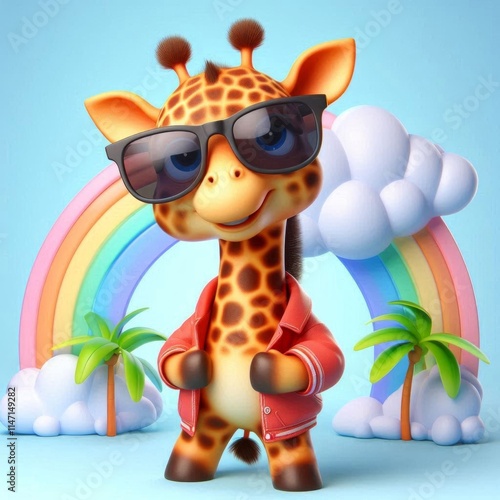 Cute Giraffe Cool Wearing Glasses Cartoon 3d Generative AI
 photo