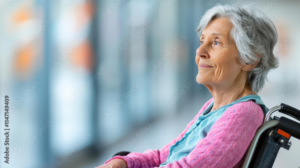 Fototapeta premium Compassionate care for elderly women in wheelchairs brings comfort and smiles in a cozy nursing home setting.