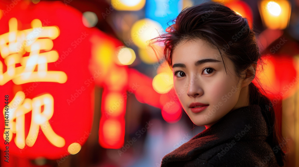 A stunning night portrait captures a woman illuminated by a red sign, with vibrant city lights blending seamlessly around her. A stunning night portrait captures a woman illuminated by a red sign, with vibrant city lights blending seamlessly around her.