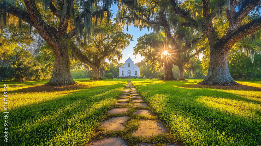 Old, white church stand in  rural country yard, surrounded by trees and grass, embodying spirit of Christianity and religion in this small, peaceful building, watercolor soft monotone.