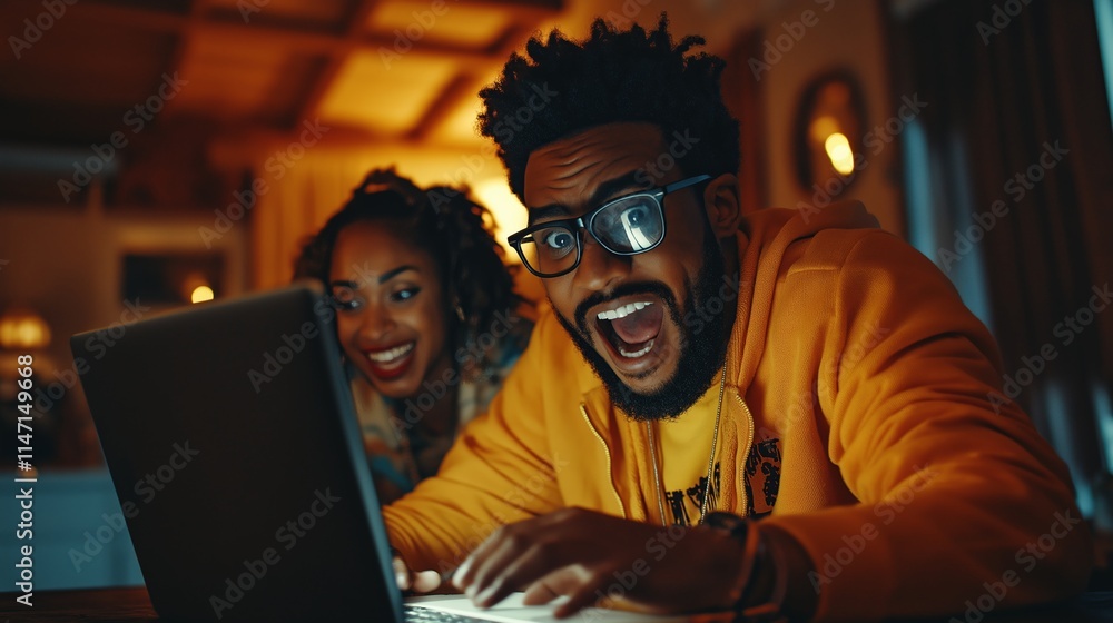Excited couple enjoying a surprising and fun moment while looking at a laptop screen in a cozy home environment Excited couple enjoying a surprising and fun moment while looking at a laptop screen in a cozy home environment