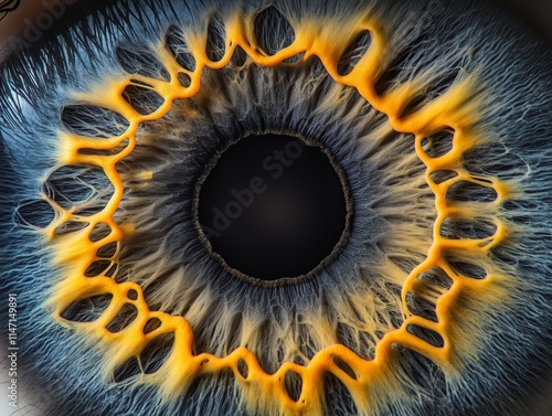 Close-up of a vibrant and intricate human eye with mesmerizing patterns and detailed textures in orange and blue hues