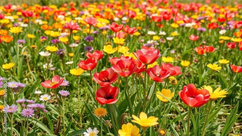 Vivid daffodil flowers blooming in a vast field under the bright sun, outdoor, flora Vivid daffodil flowers blooming in a vast field under the bright sun, outdoor, flora