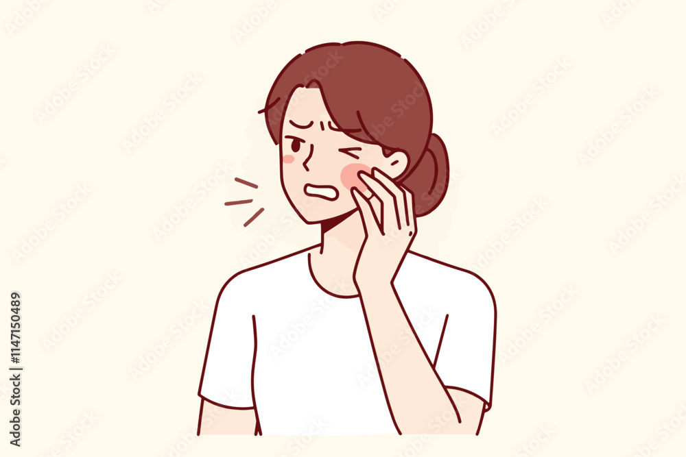 An illustration depicts a woman with a pained expression holding her aching cheek suggesting a possible toothache or similar facial pain. An illustration depicts a woman with a pained expression holding her aching cheek suggesting a possible toothache or similar facial pain.