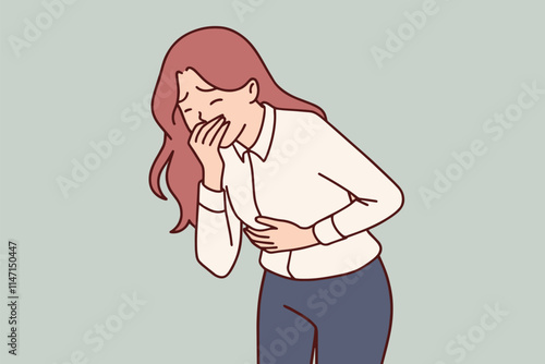 An illustration depicts a woman experiencing nausea and a stomach ache, clutching her abdomen.