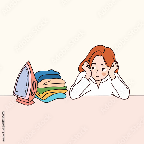 Tired Person Facing Laundry Ironing Pile Clothes