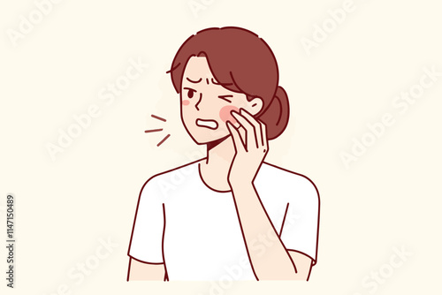 An illustration depicts a woman with a pained expression holding her aching cheek suggesting a possible toothache or similar facial pain.