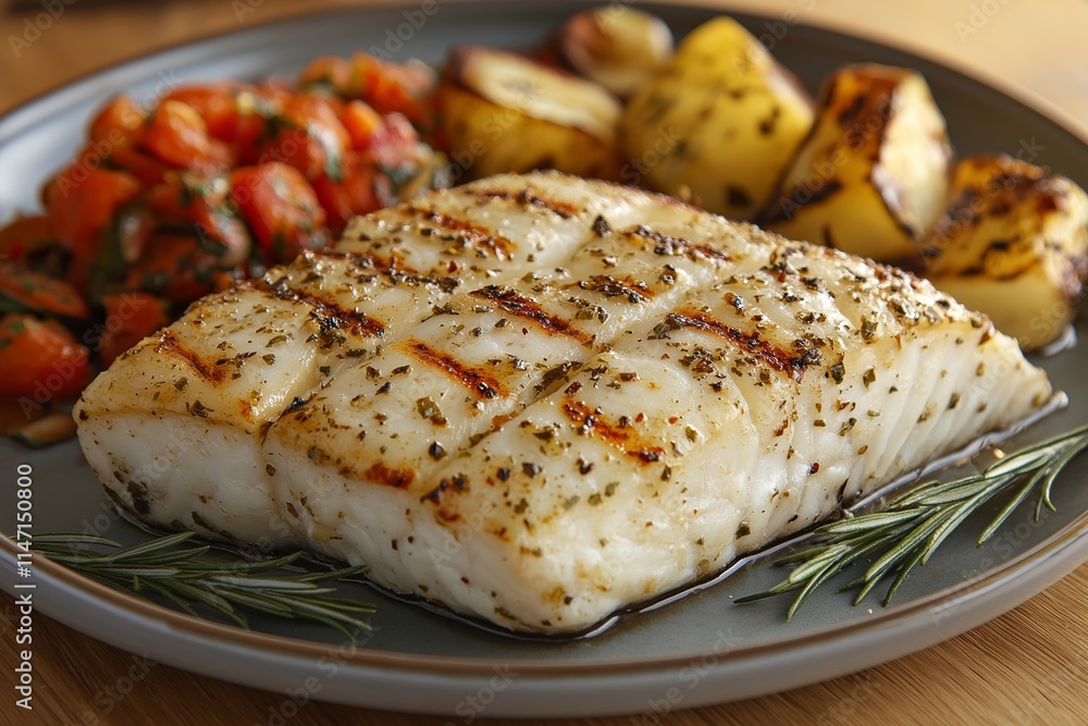Grilled white fish with seasoning, served alongside colorful roasted vegetables and potatoes on a decorative plate with a wooden table Grilled white fish with seasoning, served alongside colorful roasted vegetables and potatoes on a decorative plate with a wooden table