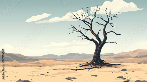 A desolate desert landscape featuring a dead tree standing tall against the barren backdrop, symbolizing the arid conditions. Craggy. Illustration