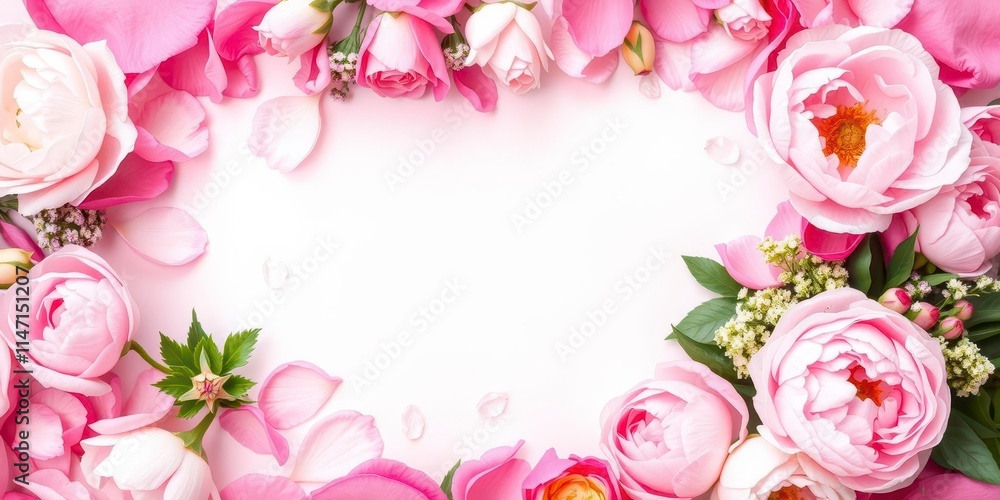 A beautiful arrangement of fresh pink peonies and roses with ample copy space, roses, beauty A beautiful arrangement of fresh pink peonies and roses with ample copy space, roses, beauty