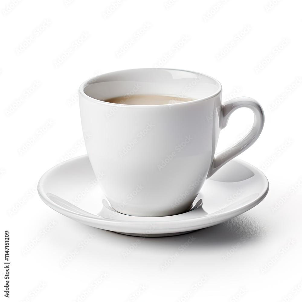 Fresh morning coffee, latte, tea in ceramic cup with plate standing on white background Fresh morning coffee, latte, tea in ceramic cup with plate standing on white background