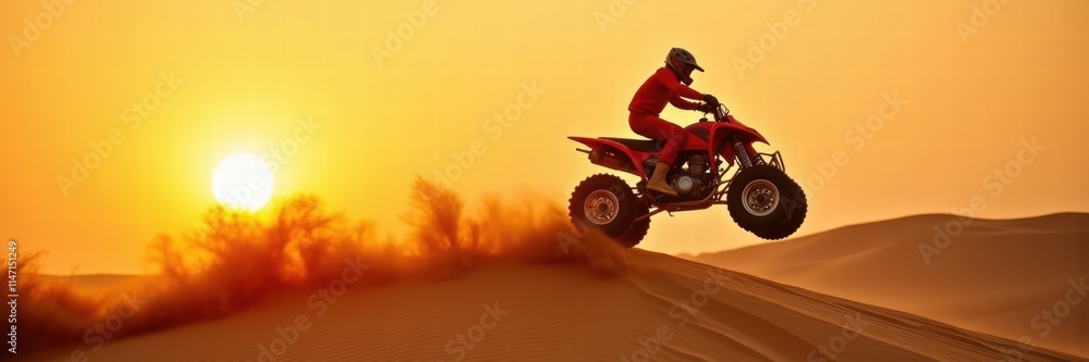 A thrilling moment from the Dakar Rally, capturing an ATV soaring over sand dunes against a stunning sunset, showcasing adventure and adrenaline in a desert landscape. A thrilling moment from the Dakar Rally, capturing an ATV soaring over sand dunes against a stunning sunset, showcasing adventure and adrenaline in a desert landscape.