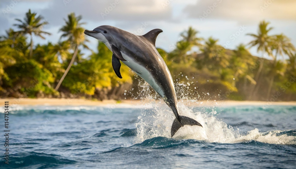 Fototapeta premium Dolphins Jumping out of the Ocean in a Tropical Paradise