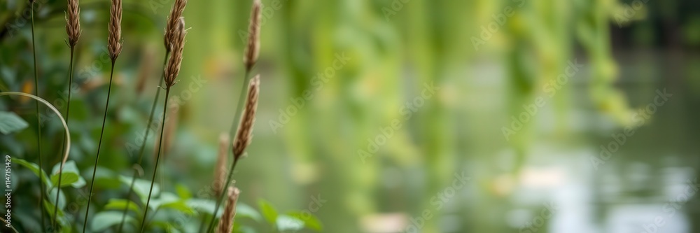 Abstract blurred background of water and green plants in a natural setting, natural beauty, water Abstract blurred background of water and green plants in a natural setting, natural beauty, water