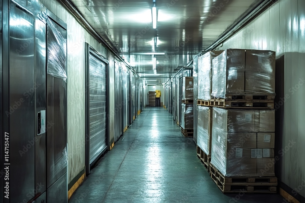 Warehouse worker wearing a yellow jacket is walking down a dimly lit corridor with metal doors on each side and goods wrapped in plastic on pallets Warehouse worker wearing a yellow jacket is walking down a dimly lit corridor with metal doors on each side and goods wrapped in plastic on pallets