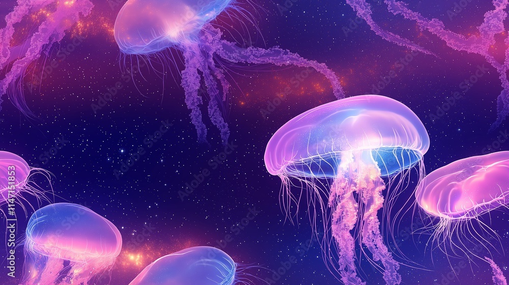 Mesmerizing image of luminescent jellyfish floating gracefully in a serene cosmic ocean, glowing with ethereal and vibrant colors in darkness Mesmerizing image of luminescent jellyfish floating gracefully in a serene cosmic ocean, glowing with ethereal and vibrant colors in darkness