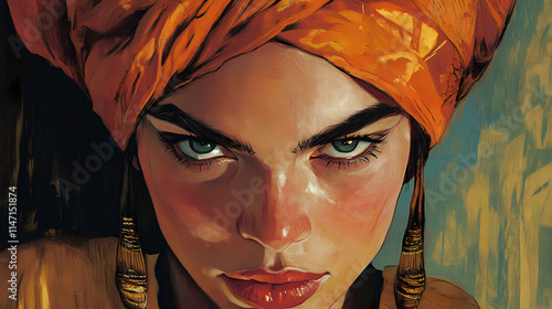 An image depicting a woman with craggy eyebrows framed by a surly turban. Craggy. Illustration