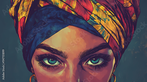 An image depicting a woman with craggy eyebrows framed by a surly turban. Craggy. Illustration