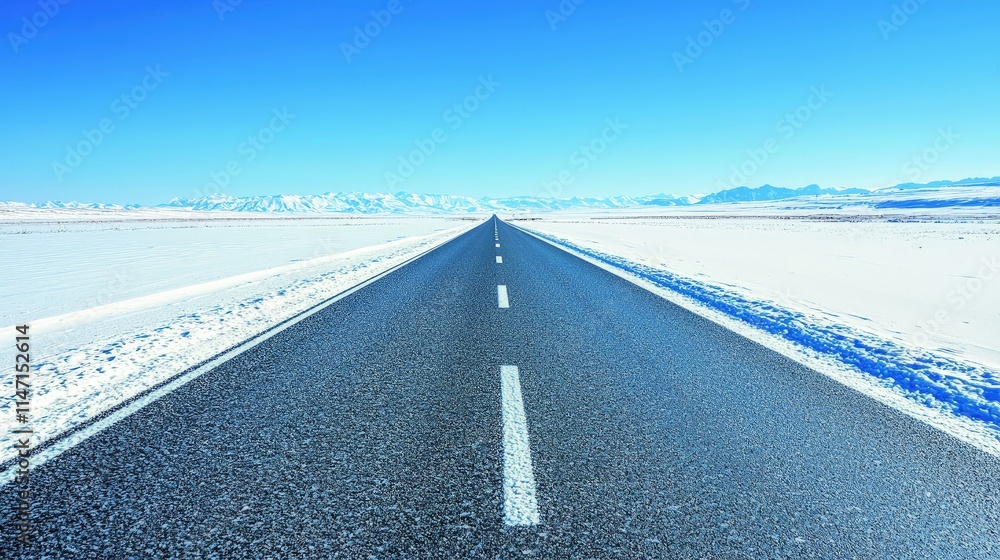 Fototapeta premium Empty asphalt road through snowy landscape leading to distant mountains under clear blue sky.