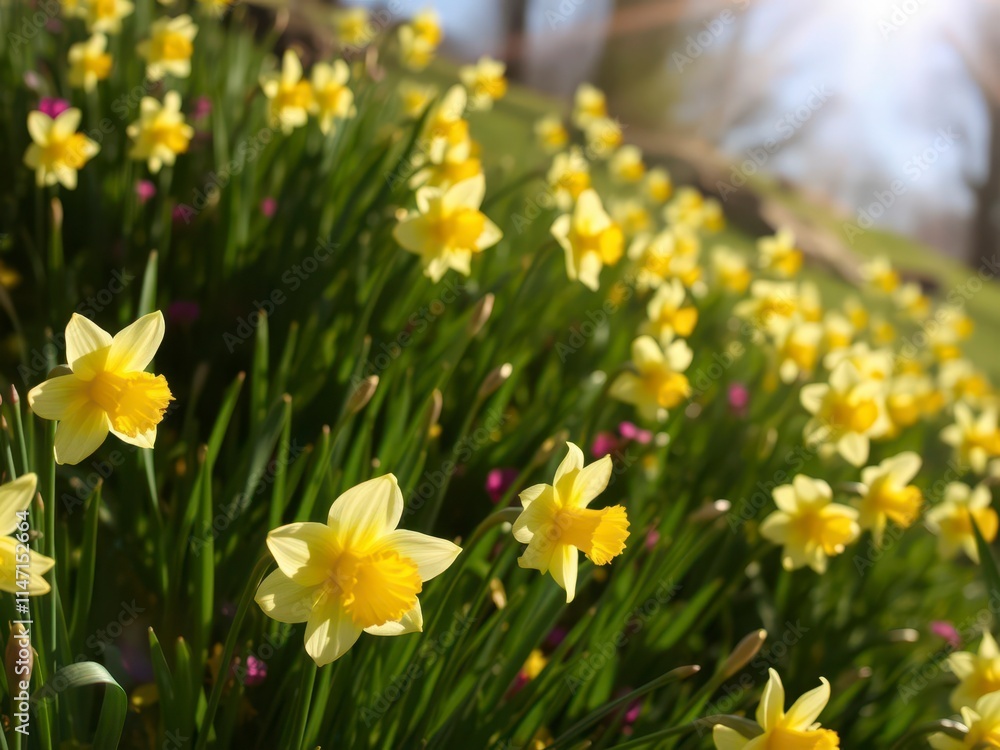 Beautiful yellow daffodil flowers blooming in a field under the sun, meadow, botany, sunny Beautiful yellow daffodil flowers blooming in a field under the sun, meadow, botany, sunny