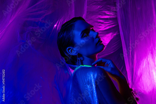 Photo of pretty peaceful chic model girl posing isolated on neon studio transparent curtain background