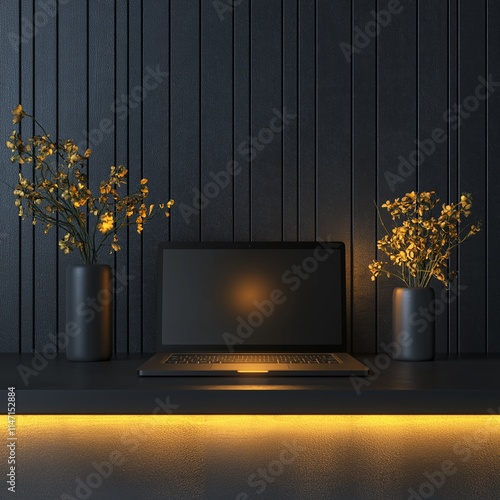 Minimalistic workspace with open laptop and warm lighting against black panel wall featuring two vases of yellow flowers