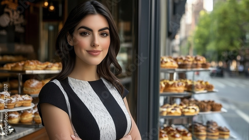 Beautiful female small business owner. She is standing in front of her bakery or cafe.