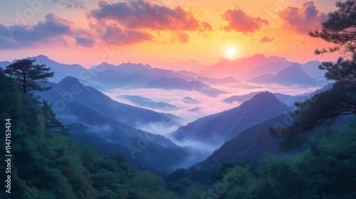 Fototapeta Naklejka Na Ścianę i Meble -  Majestic mountain landscape at sunrise with vibrant colors, misty valleys, and ethereal light creating a serene natural panorama