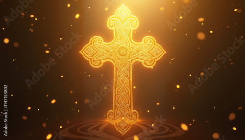 Ornate golden Celtic cross with glowing effects on dark background, celtic patterns, St. Patrick’s Day photo