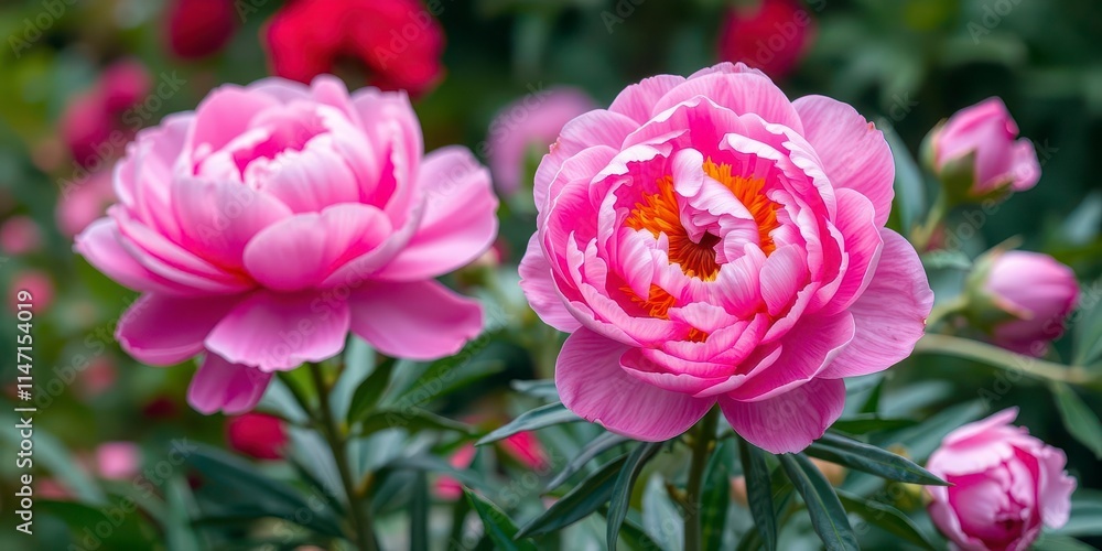 Pink peony flowers arranged in a beautiful background, blossom, vibrant, romantic Pink peony flowers arranged in a beautiful background, blossom, vibrant, romantic