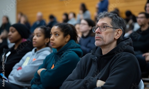 Audience engaged in a presentation, showing focus and contemplation. photo