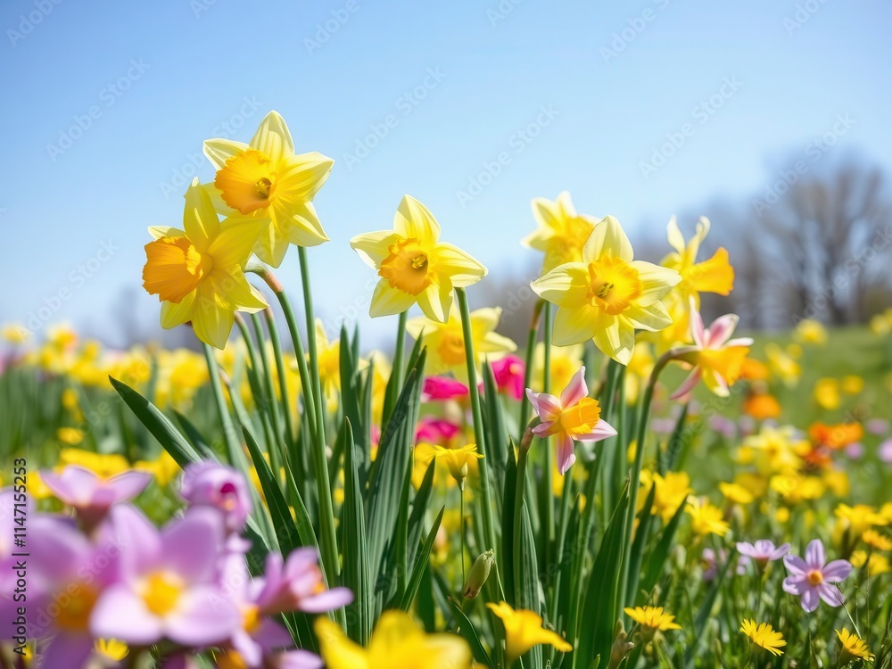 Vibrant yellow daffodil flowers blossoming in a serene field under a clear blue sky, flora, blossoming Vibrant yellow daffodil flowers blossoming in a serene field under a clear blue sky, flora, blossoming