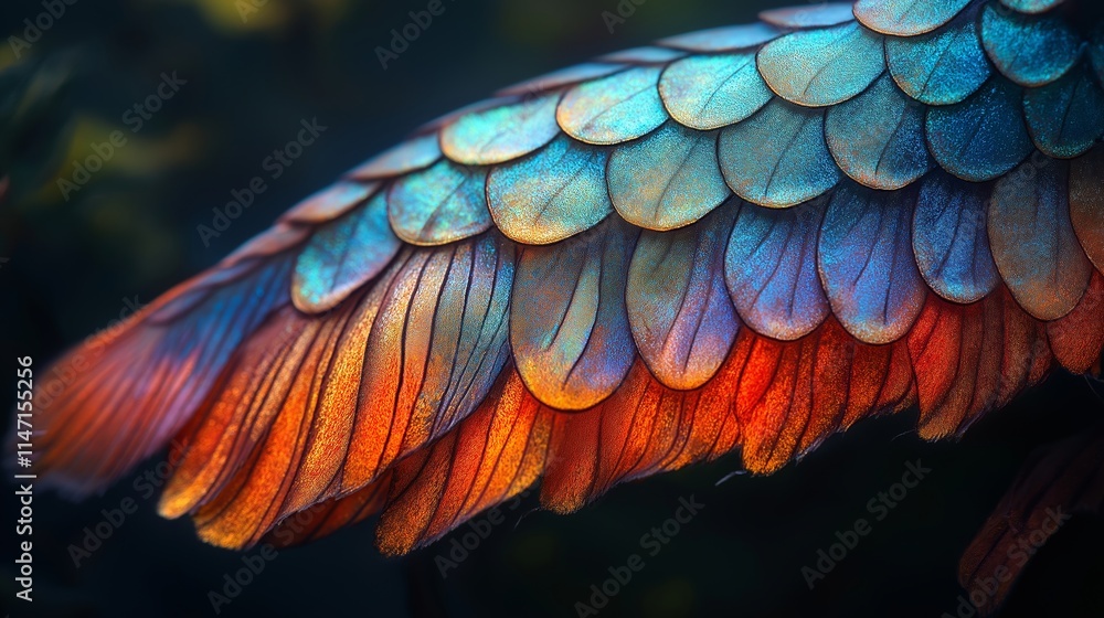 Fototapeta premium Close-up of vibrant, multicolored fish scales with iridescent blues and oranges creating a mesmerizing, textured pattern against a dark background