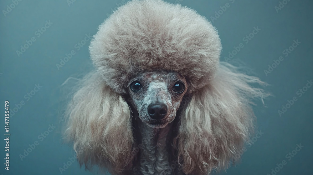 A cute poodle at a grooming salon showcases its fluffy beauty after a fresh haircut, pet care and hygiene in maintaining the adorable appearance of this purebred dog. A cute poodle at a grooming salon showcases its fluffy beauty after a fresh haircut, pet care and hygiene in maintaining the adorable appearance of this purebred dog.
