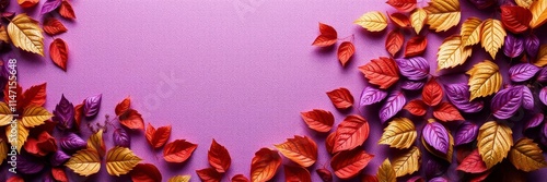 Pattern of dry orange metallic leaves on violet background, botanical, vibrant