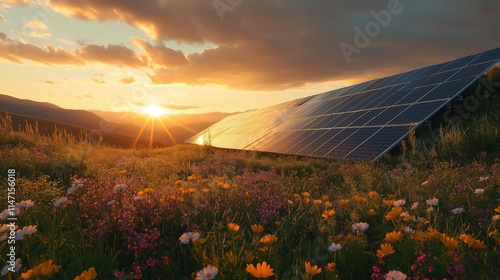 Fototapeta Naklejka Na Ścianę i Meble -  Solar panels in a vibrant wildflower field with a stunning sunset sky in the background, highlighting renewable energy's beauty