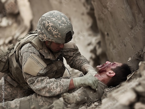 Soldier providing first aid to wounded comrade in military combat zone during wartime conflict, showcasing bravery and teamwork under stress